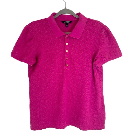 Ralph Lauren Tops - Ralph Lauren Black Pink 100% Cotton Eyelets Embroidered Polo Shirt XL